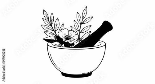 A mortar and pestle with delicate flowers and leaves inside