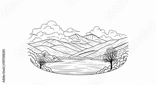 A serene landscape depicts rolling hills, mountains, and a calm lake under a cloudy sky