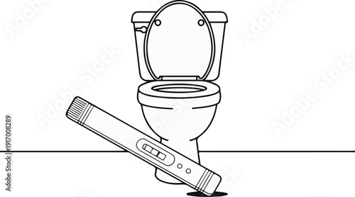 A line art illustration of a toilet with an open lid and a pregnancy test