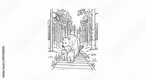 A mother bear leads her cubs along a wooden path in a forest