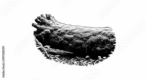 A moss-covered fallen log lies on the forest floor amidst leaves and smaller branches