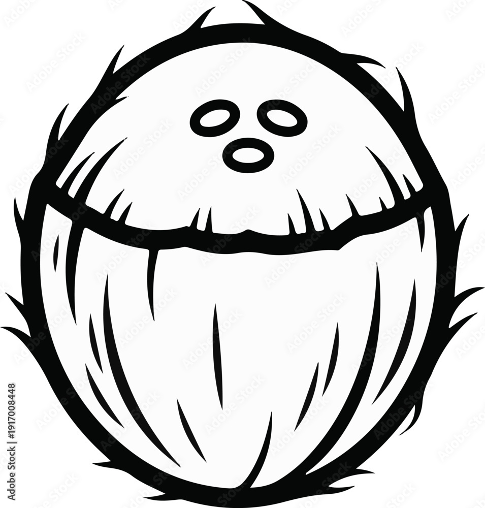 Fototapeta premium A simple black and white cartoon drawing of a single, hairy coconut with three eye-like indentations