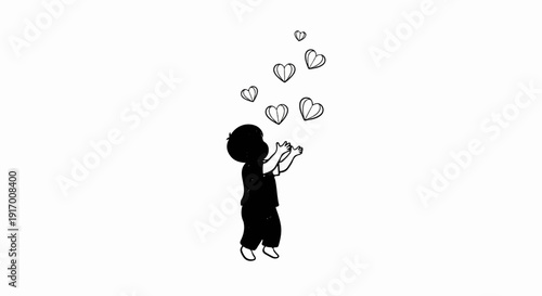 A silhouette of a child catching floating hearts