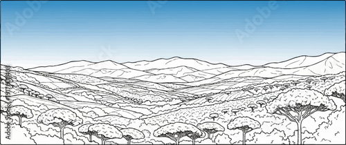 A panoramic sketch of rolling hills and distant mountains under a blue sky
