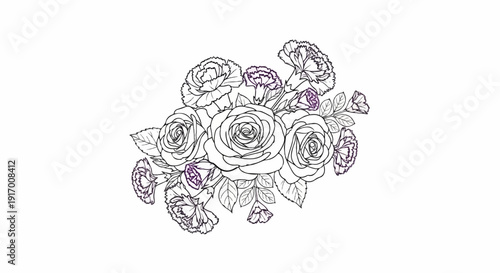A line drawing of a floral arrangement featuring roses and carnations
