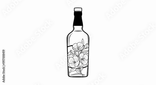 A line drawing of a glass bottle containing a floral bouquet