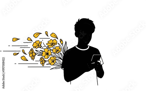 A silhouette of a person holds a smartphone with a bouquet of yellow flowers