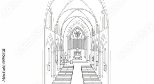 A line drawing of a grand church interior with arched ceilings and pews