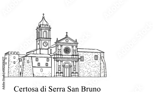 A line drawing of a large religious building with a bell tower and clock
