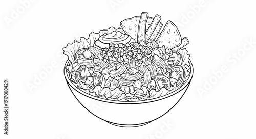 A line drawing of a hearty salad in a bowl with nachos and dressing