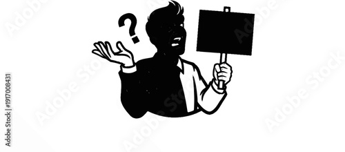 A silhouetted person holding a blank sign with a question mark above their hand
