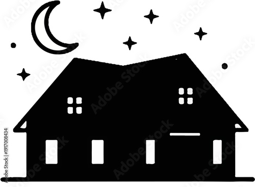 A silhouetted house with a crescent moon and stars in the night sky