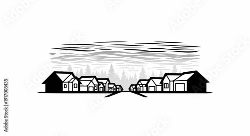 A silhouetted street with houses and trees under a layered sky