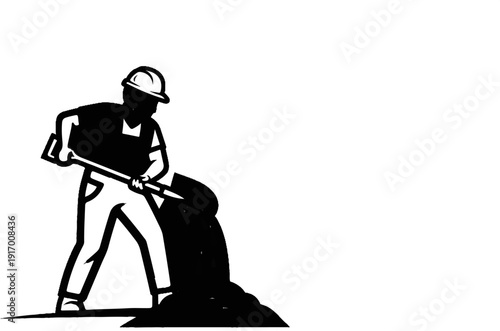 A silhouetted worker in a hard hat and overalls digs with a shovel