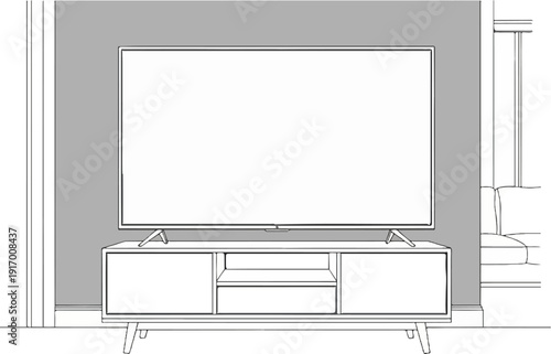 A line drawing of a modern media console with a large television on top