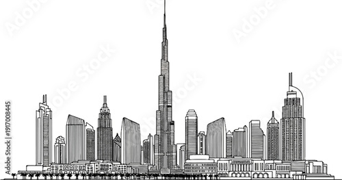 A line drawing of a modern city skyline with a prominent tall skyscraper