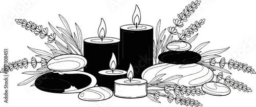 A peaceful spa scene with lit candles, smooth stones, and lavender sprigs