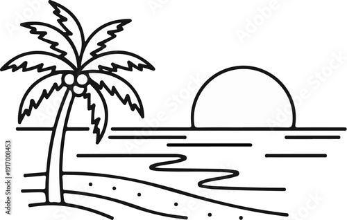 A line drawing of a palm tree, coconuts, beach, and a setting sun over ocean waves