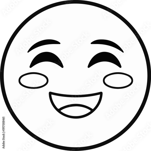 A simple, black and white cartoon face with eyes closed and a wide smile