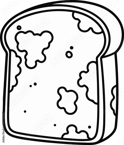 A simple black and white drawing of a slice of bread with irregular dark spots