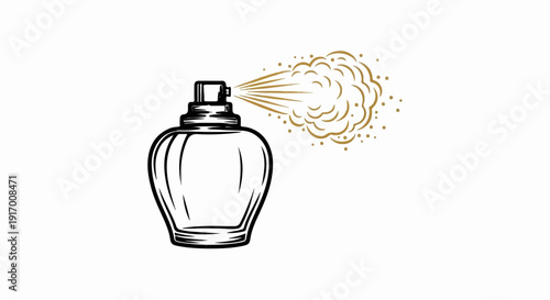 A perfume bottle releases a mist of golden, dotted particles