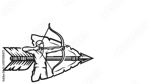 A person aiming a bow and arrow, with a large arrow graphic