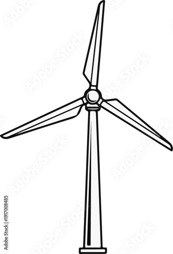 A simple black and white drawing of a wind turbine with three blades