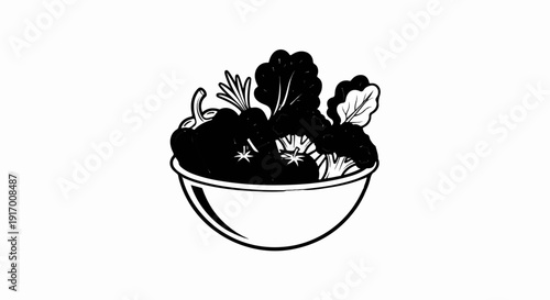 A simple black and white graphic of a bowl brimming with assorted fresh vegetables