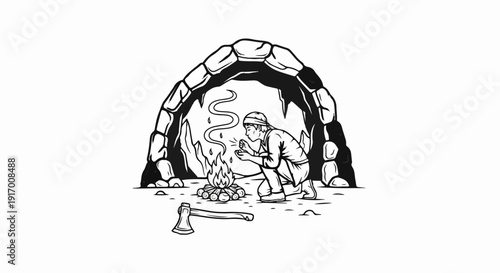 A person ignites a fire in a cave with an axe nearby