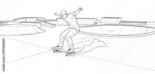A person in a beanie and t-shirt on a skateboard performs a trick in a skatepark