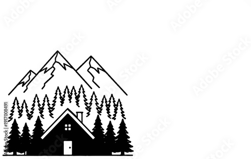 A simple black and white graphic of a cabin nestled amongst trees and mountains