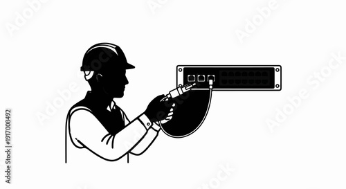 A person in a hard hat connects a cable to network equipment