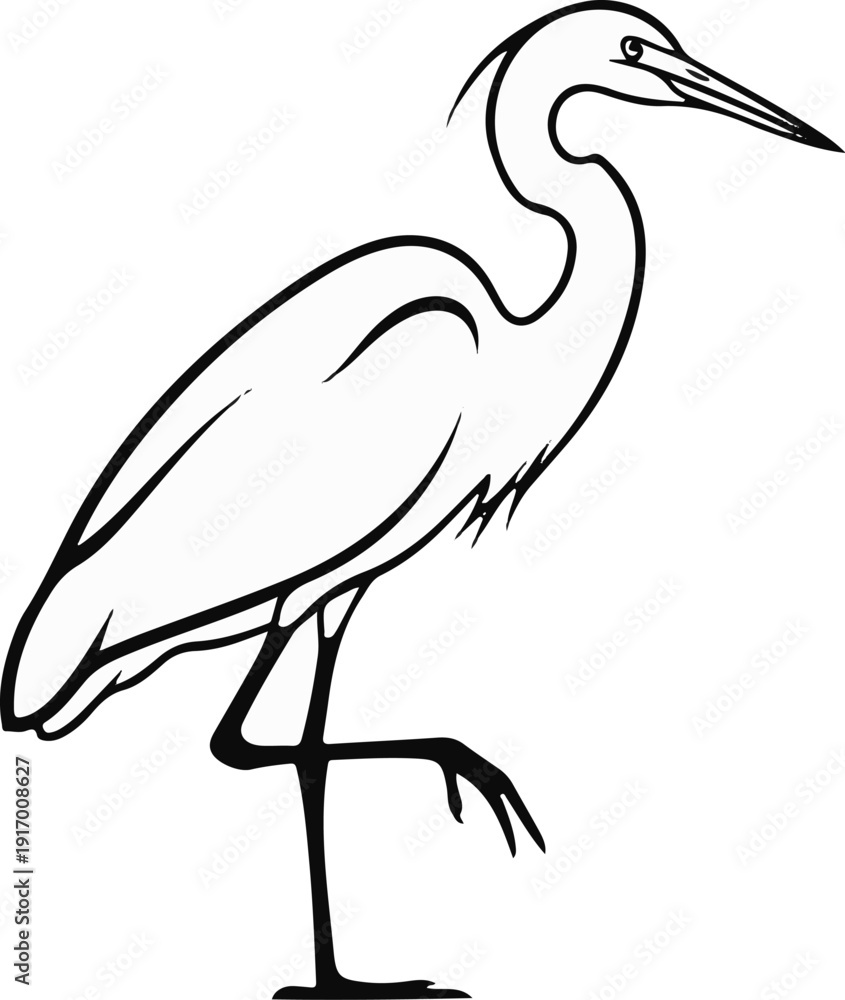 Fototapeta premium A simple black and white line drawing of a heron standing on one leg