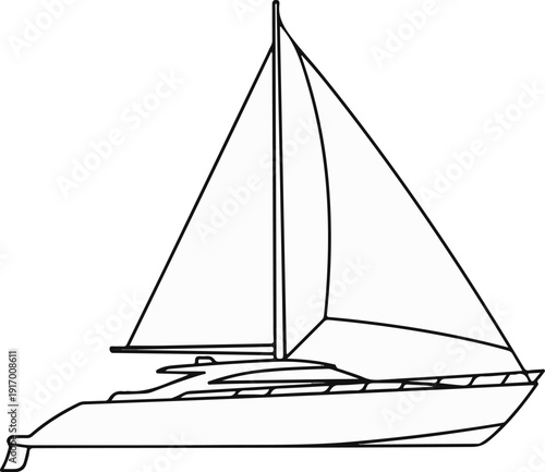 A simple black and white line drawing of a modern sailboat