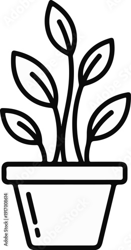 A simple black and white line drawing of a potted plant with green leaves