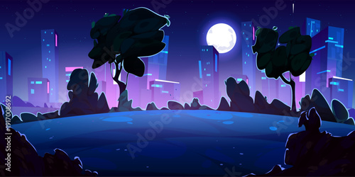 Night cityscape background and moonlit urban park