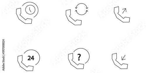A collection of six black and white phone icons with various speech bubbles
