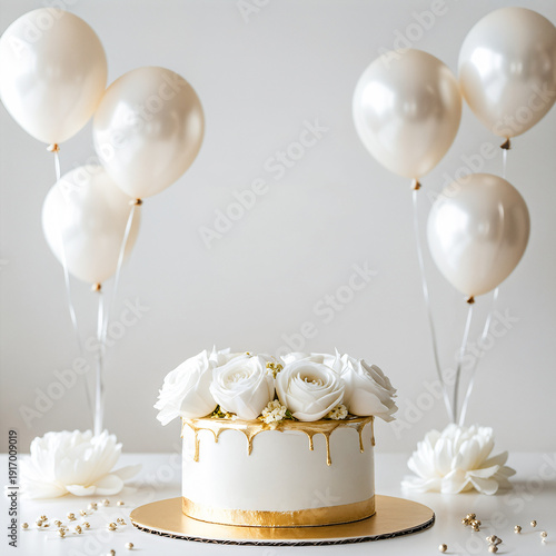 A festive illustration of a birthday cake with candles and balloons, copy space available