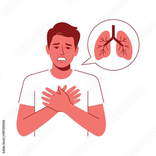 A man clutching his chest in pain with a thought bubble showing lungs.