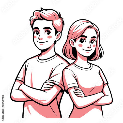 A cartoon illustration of a smiling man and woman standing back to back with their arms crossed