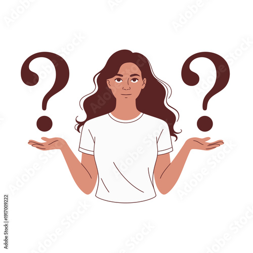 A cartoon woman with a puzzled expression stands with her hands outstretched, surrounded by question marks.