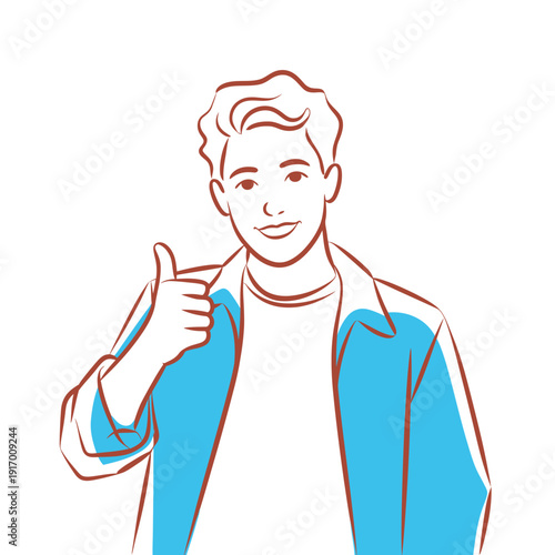A young man giving a thumbs up in a casual blue jacket and white shirt