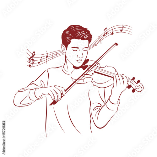 A young man playing the violin with musical notes floating in the air