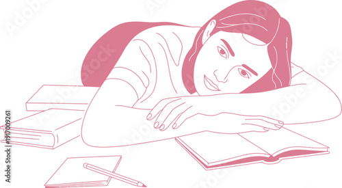 A young woman taking a nap while studying with books and a pen on a table