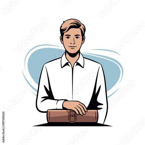 A young man in a white shirt holding a brown briefcase in a professional setting