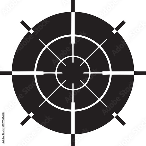 A black and white target with concentric circles and radiating lines and bars on a white background