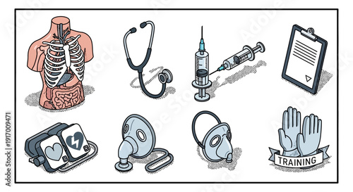 Healthcare tools and medical equipment in isometric design