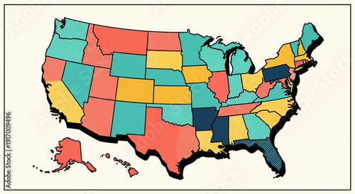Colorful retro pop art map of the united states