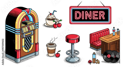 Retro diner elements with jukebox and neon sign in vintage style