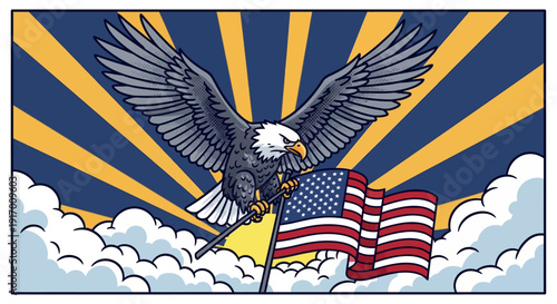 Majestic eagle holding american flag with radiant sunburst in comic art style